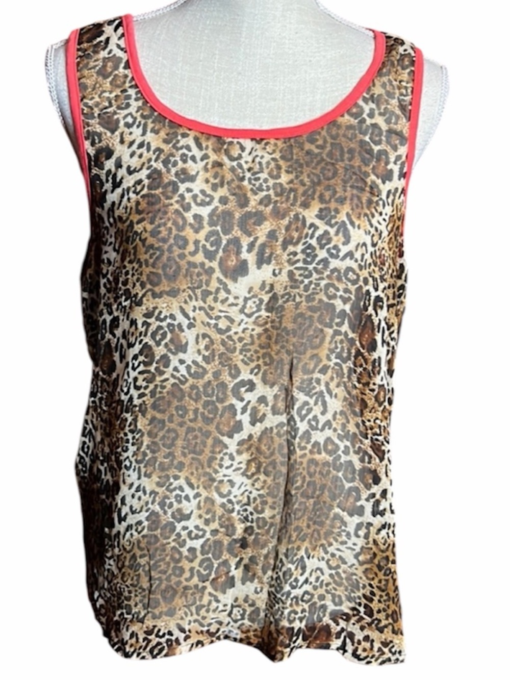 Fashion Magazine Leopard Print Button Back Sheer Tank Top With Coral Trim